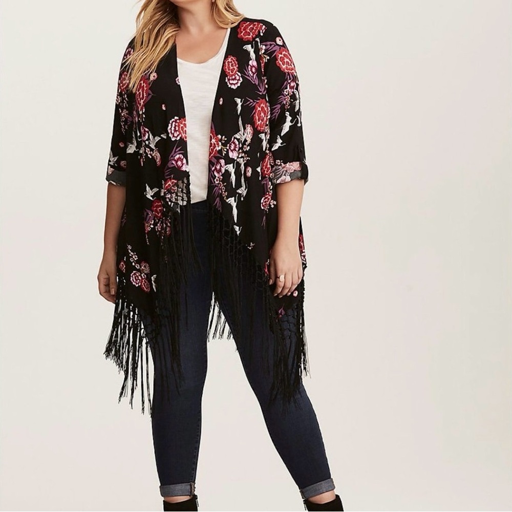 Torrid Floral Fringe Kimono Duster 2X Black Pink Boho - Picture 3 of 13